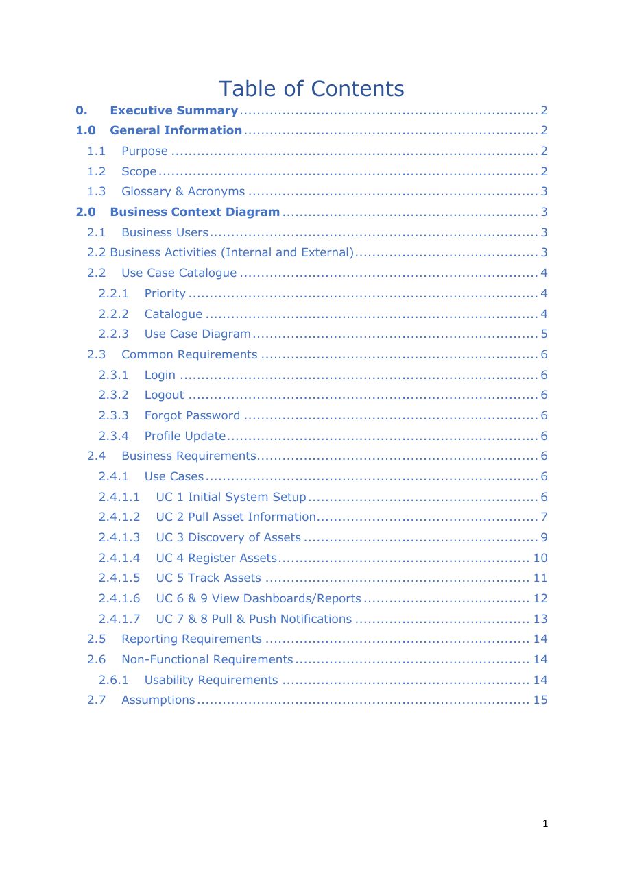Business Requirements Specification, page 2 of 16