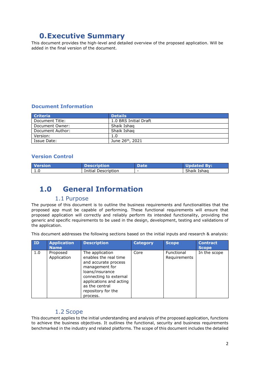 Business Requirements Specification, page 3 of 16